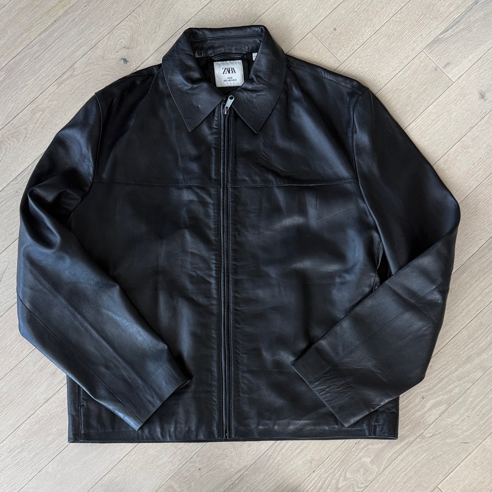 Zara Leather 90s Zip Jacket Size XL Black